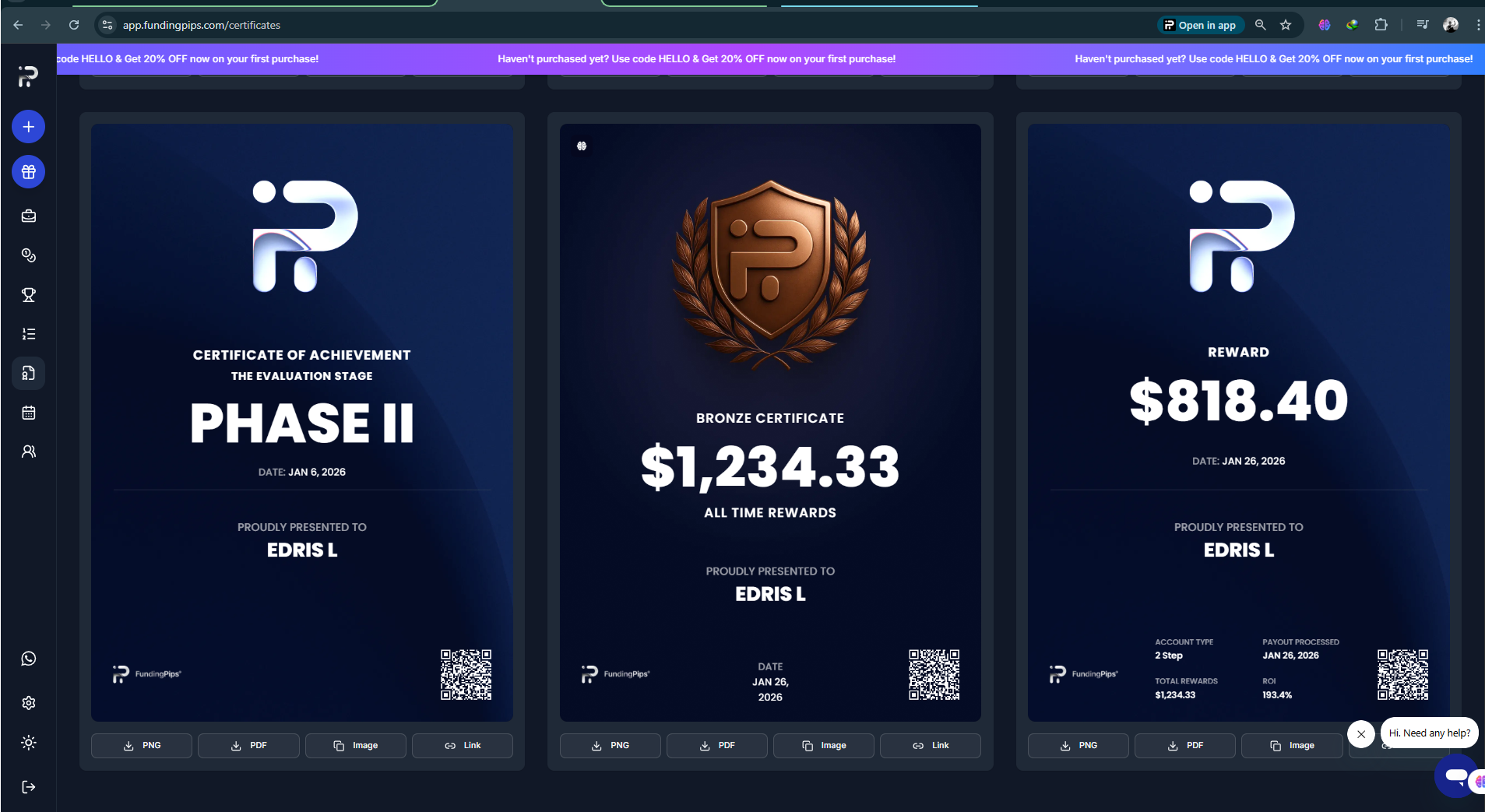 FundingPips certificates dashboard