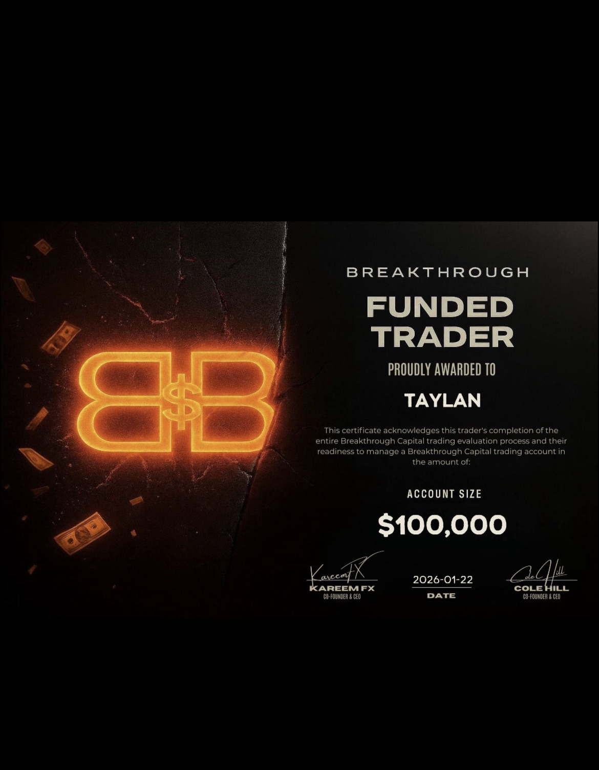 Breakthrough Funded Trader certificate — $100,000 account