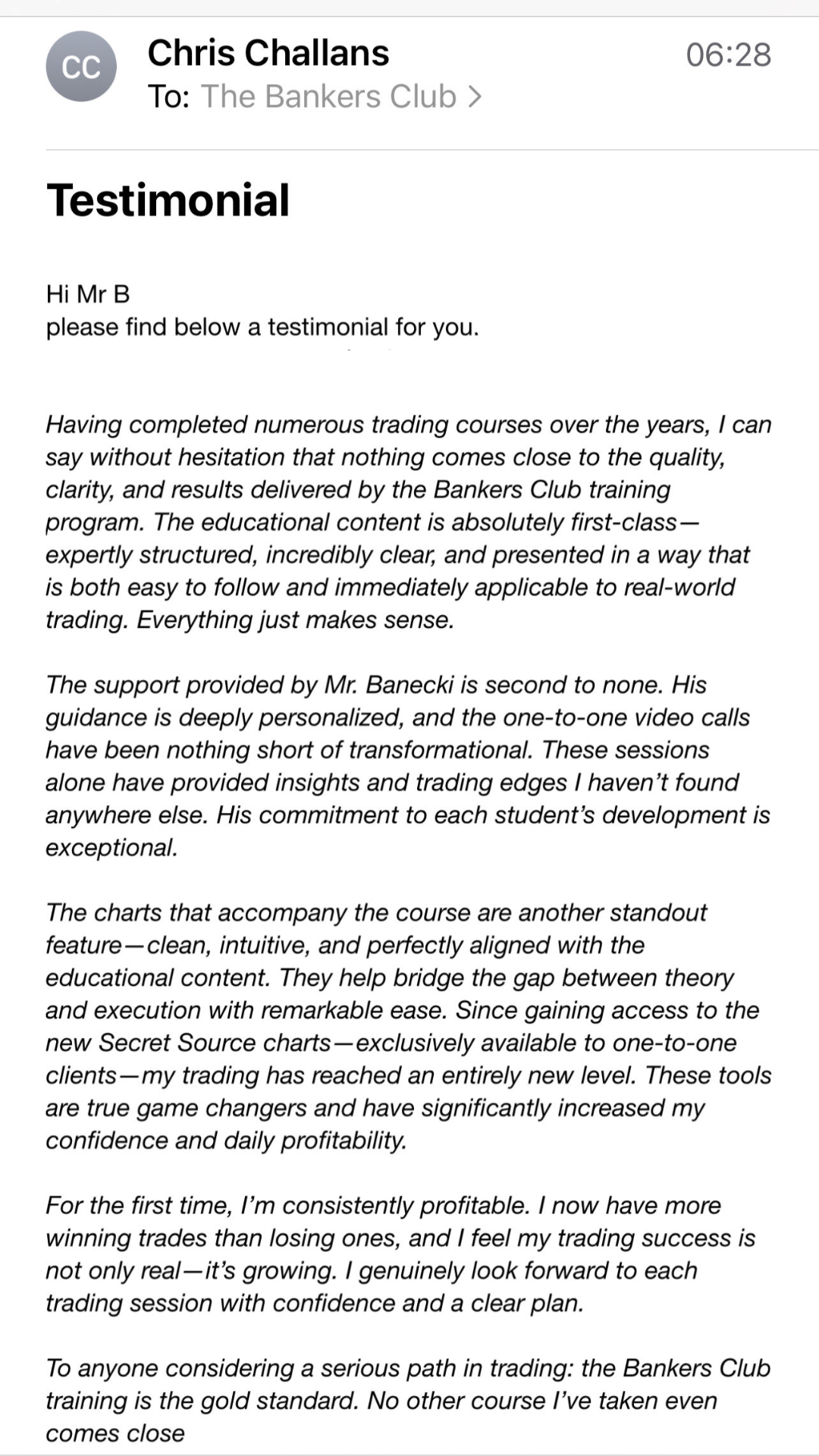 Testimonial screenshot from student Dalibor