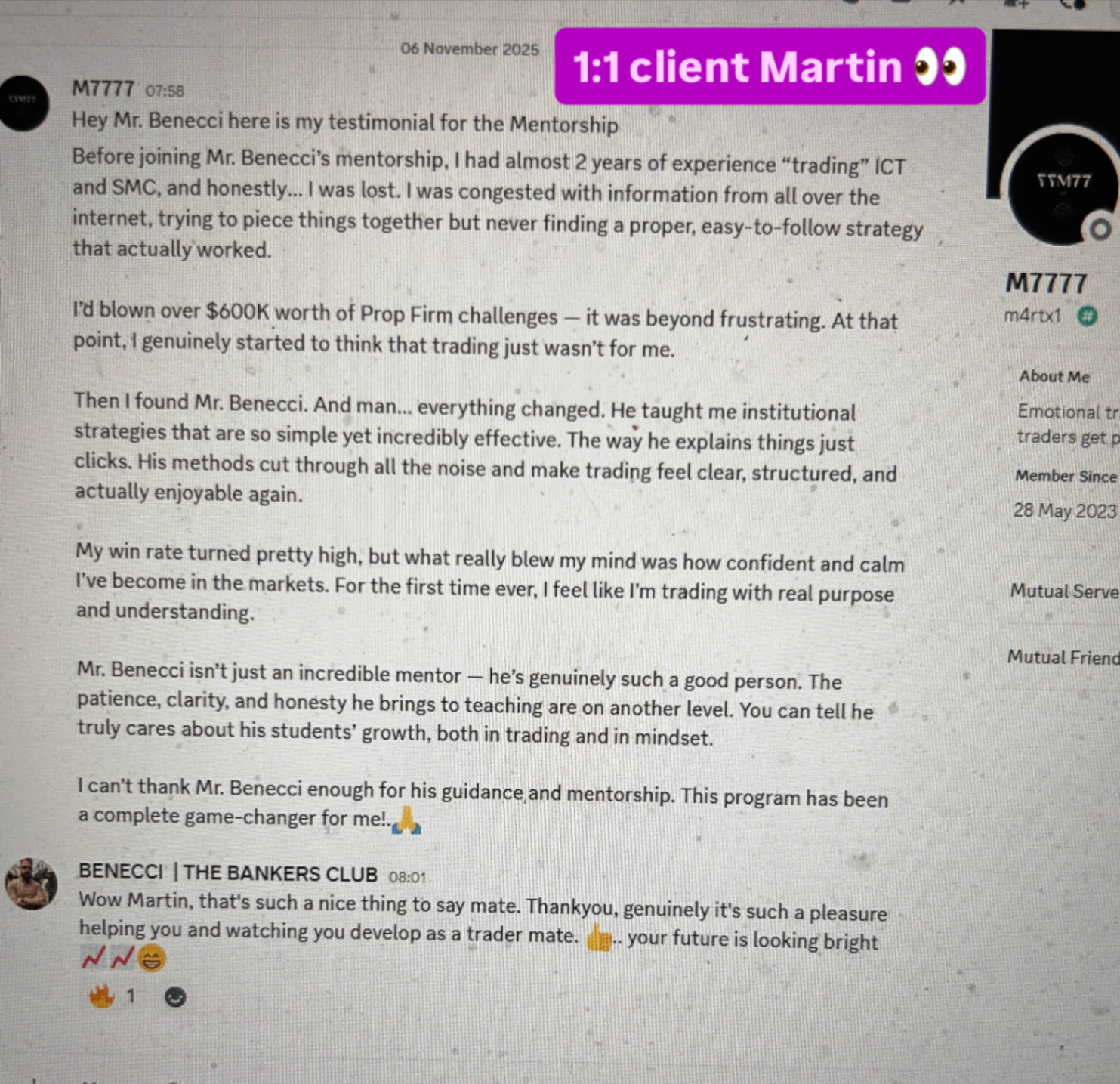 Testimonial screenshot from student Martin